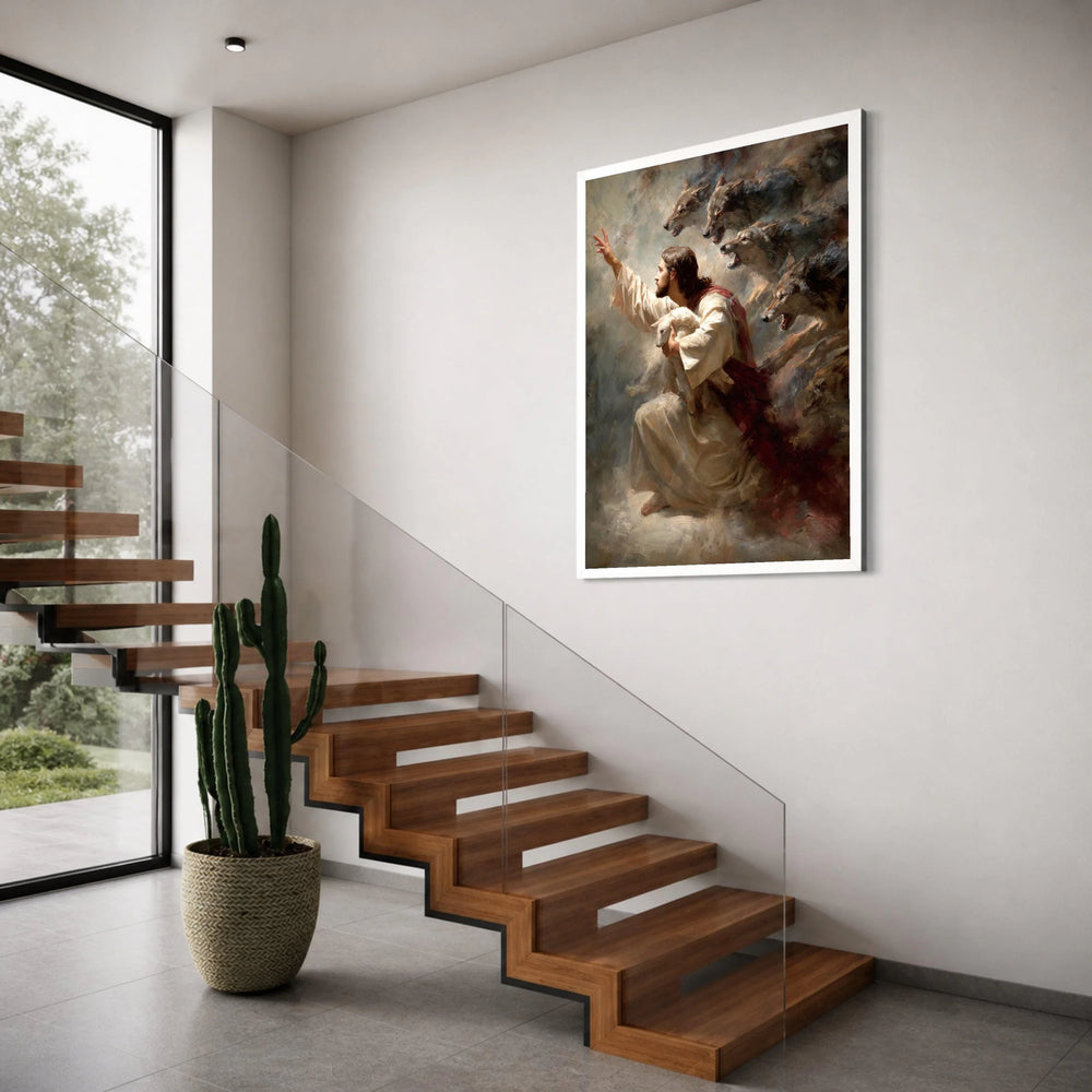 Jesus Holding Lamb Canvas Wall Art, Spiritual Christian Protection Wall Decor, Inspirational Religious Canvas, Faith and Courage Print Art