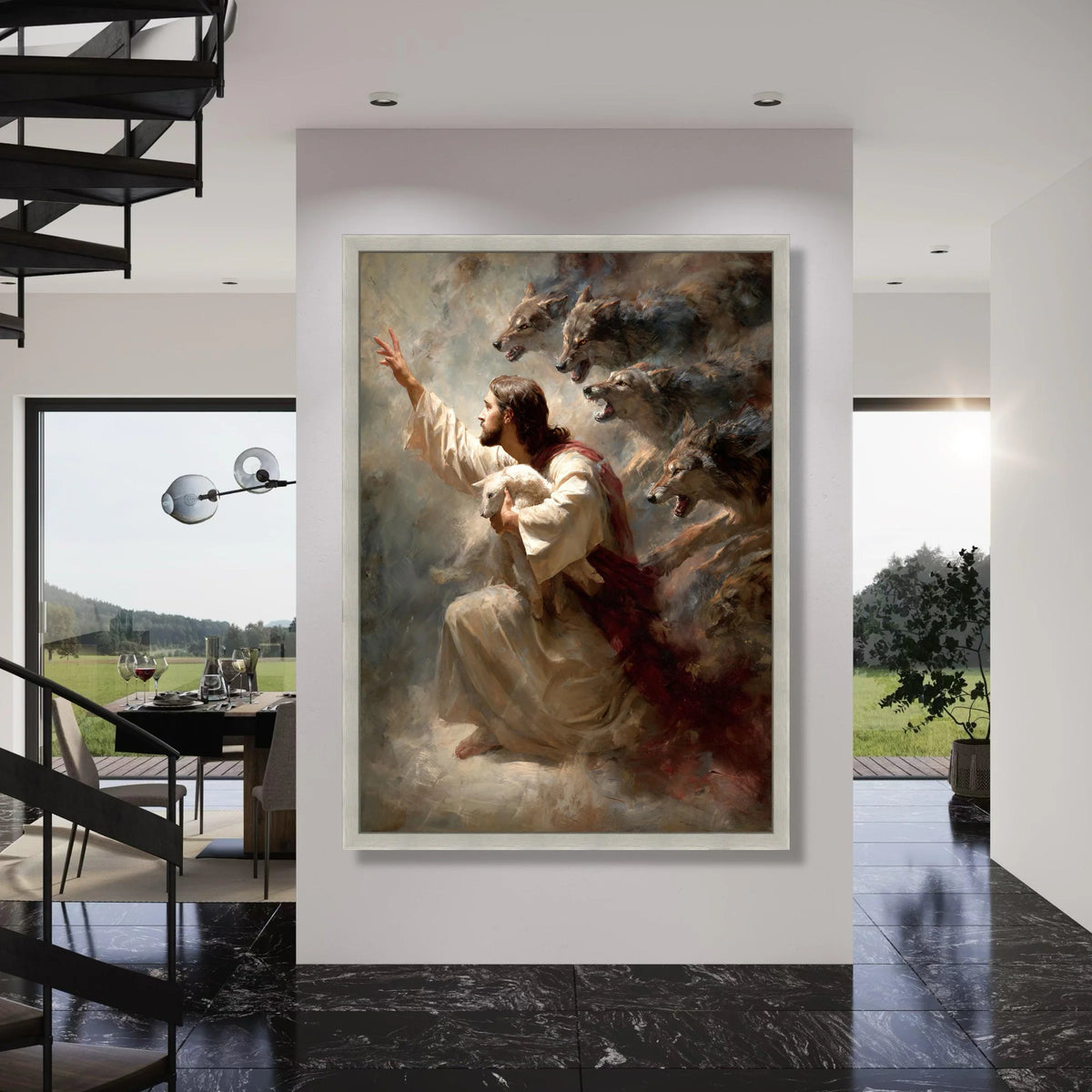 Jesus Holding Lamb Canvas Wall Art, Spiritual Christian Protection Wall Decor, Inspirational Religious Canvas, Faith and Courage Print Art