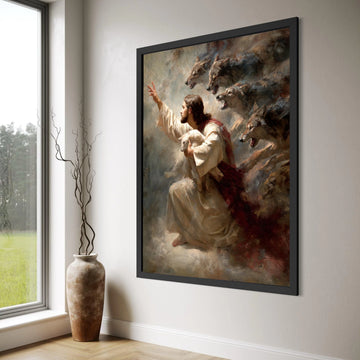 Jesus Holding Lamb Canvas Wall Art, Spiritual Christian Protection Wall Decor, Inspirational Religious Canvas, Faith and Courage Print Art
