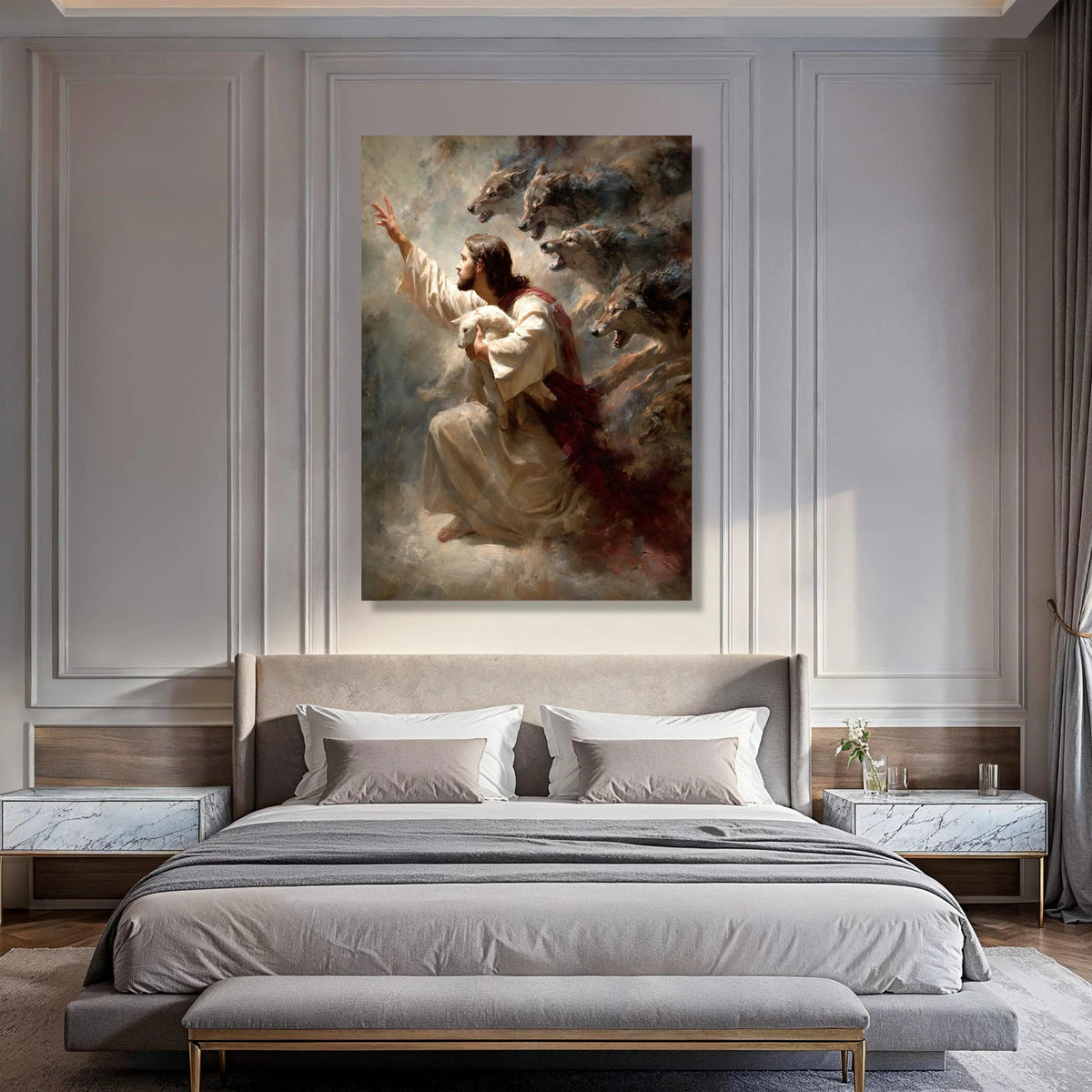 Jesus Holding Lamb Canvas Wall Art, Spiritual Christian Protection Wall Decor, Inspirational Religious Canvas, Faith and Courage Print Art
