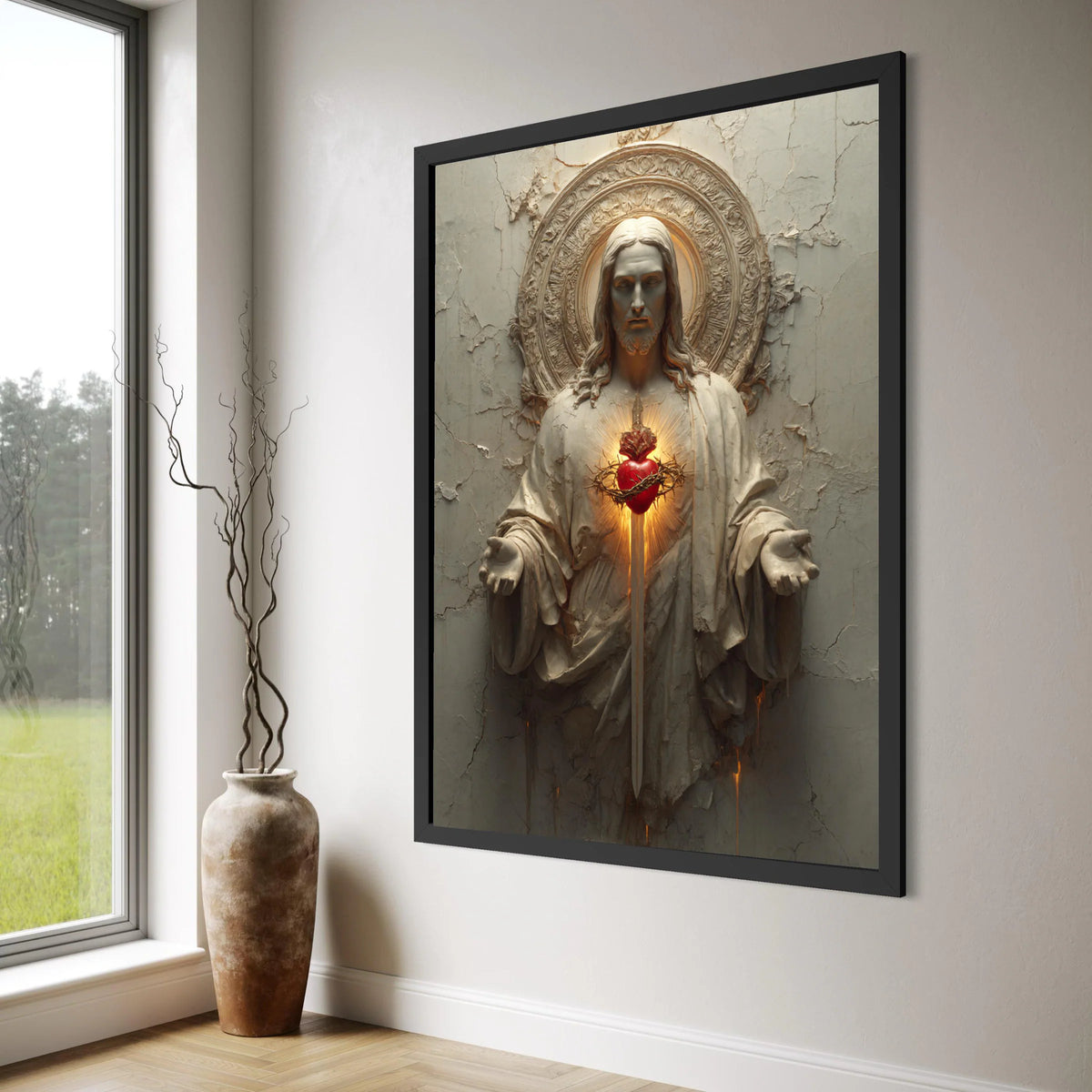 Sacred Heart of Jesus Canvas, Religious Wall Art, Christian Decor, Spiritual Statue Canvas, Glowing Heart Illustration, Home Print Art