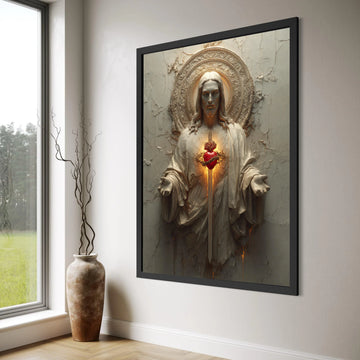 Sacred Heart of Jesus Canvas, Religious Wall Art, Christian Decor, Spiritual Statue Canvas, Glowing Heart Illustration, Home Print Art