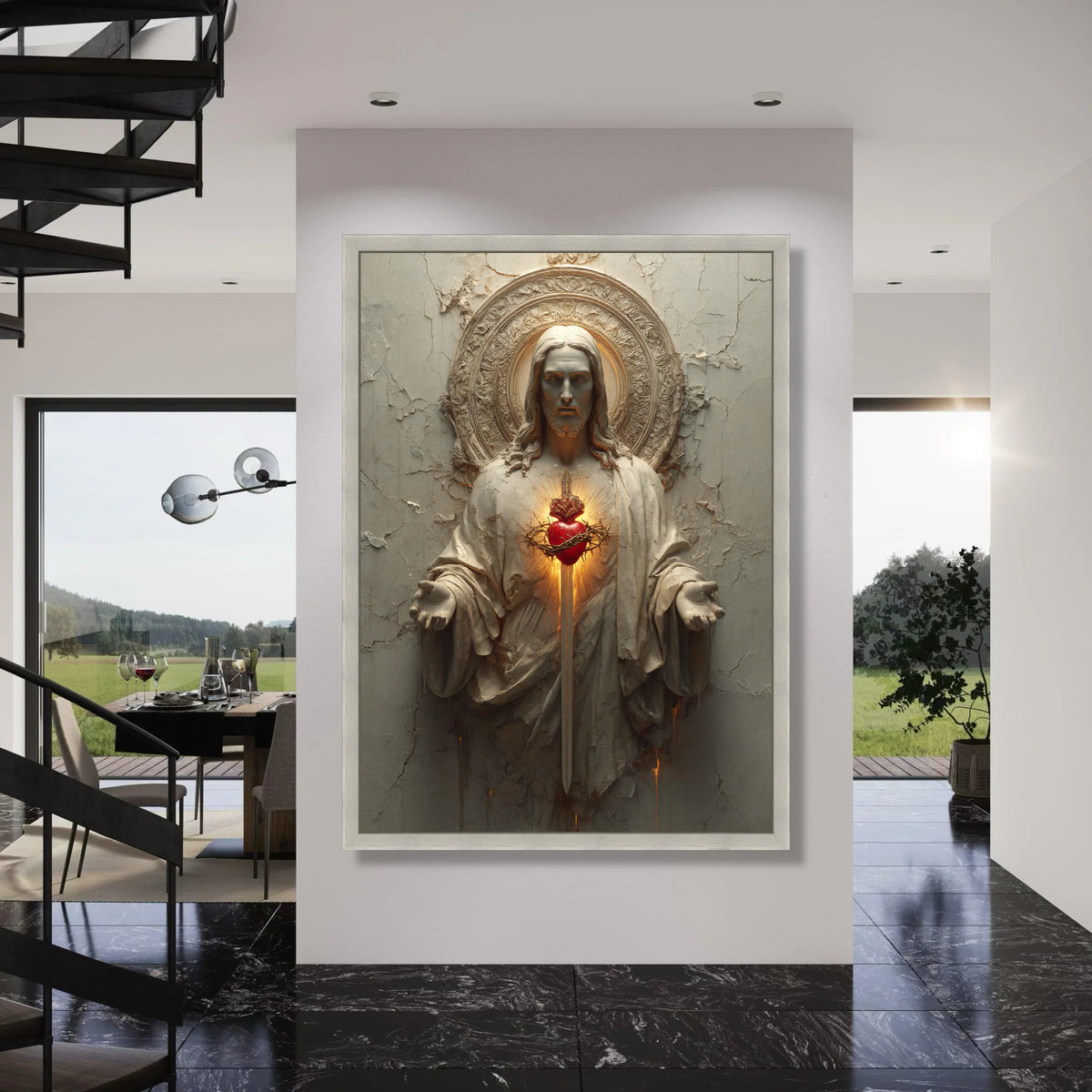 Sacred Heart of Jesus Canvas, Religious Wall Art, Christian Decor, Spiritual Statue Canvas, Glowing Heart Illustration, Home Print Art