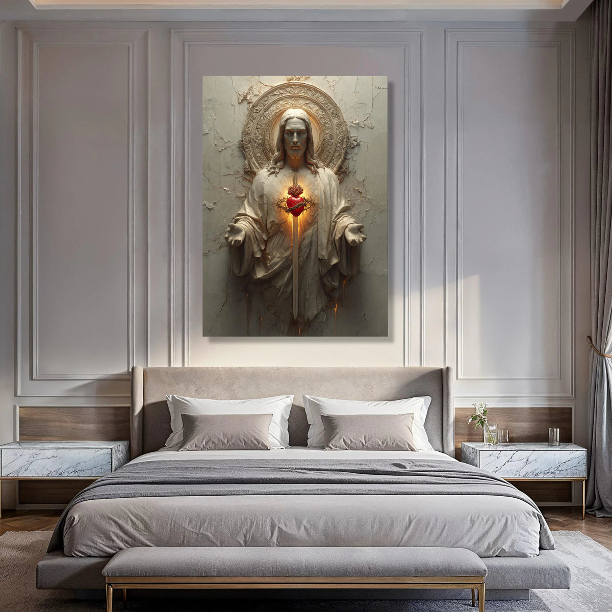 Sacred Heart of Jesus Canvas, Religious Wall Art, Christian Decor, Spiritual Statue Canvas, Glowing Heart Illustration, Home Print Art