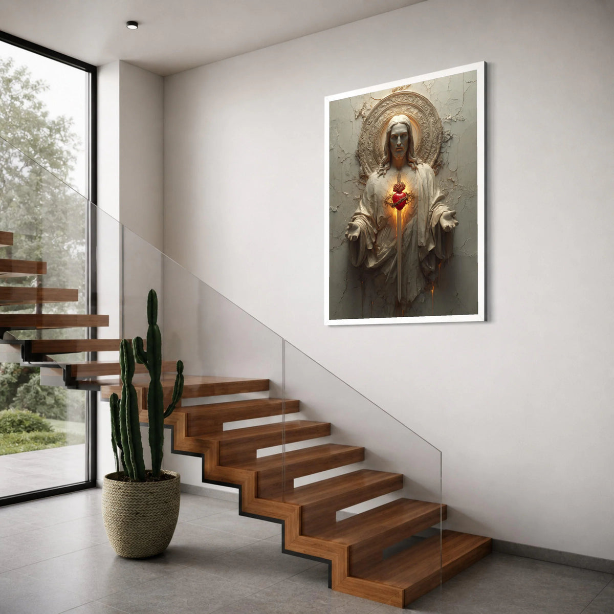 Sacred Heart of Jesus Canvas, Religious Wall Art, Christian Decor, Spiritual Statue Canvas, Glowing Heart Illustration, Home Print Art