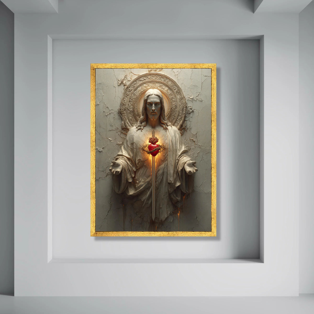Sacred Heart of Jesus Canvas, Religious Wall Art, Christian Decor, Spiritual Statue Canvas, Glowing Heart Illustration, Home Print Art