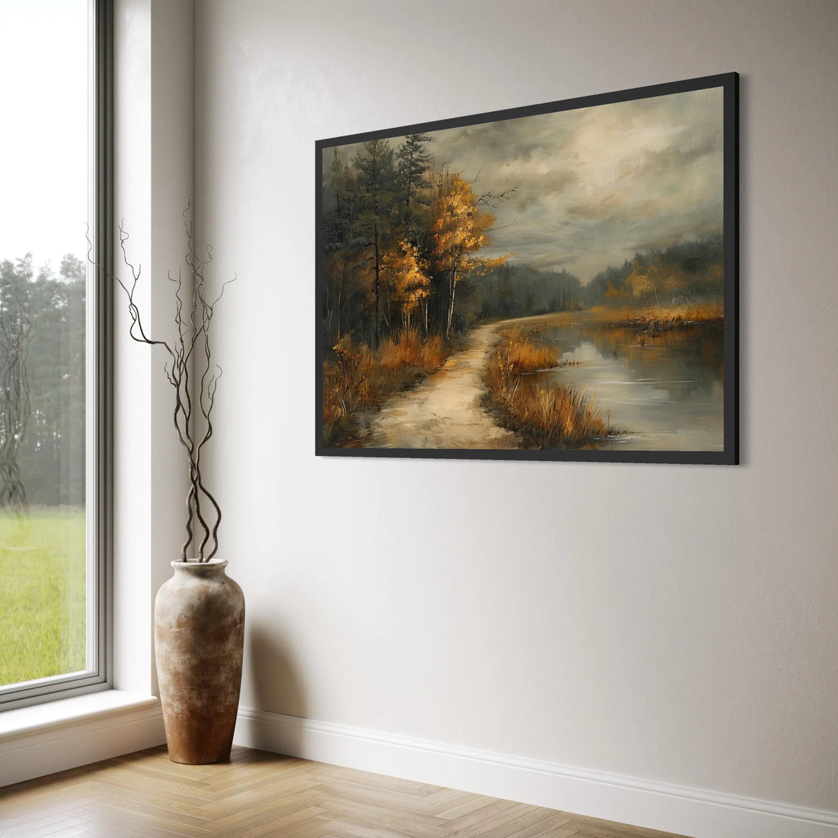 Autumn Forest Path Canvas, Lakeside Landscape Wall Art, Golden Tree Scene Canvas, Misty Nature View, Rustic Home Decor, Ready to Print Art