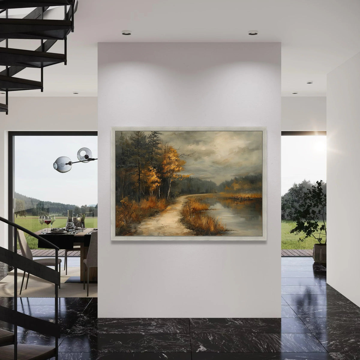 Autumn Forest Path Canvas, Lakeside Landscape Wall Art, Golden Tree Scene Canvas, Misty Nature View, Rustic Home Decor, Ready to Print Art