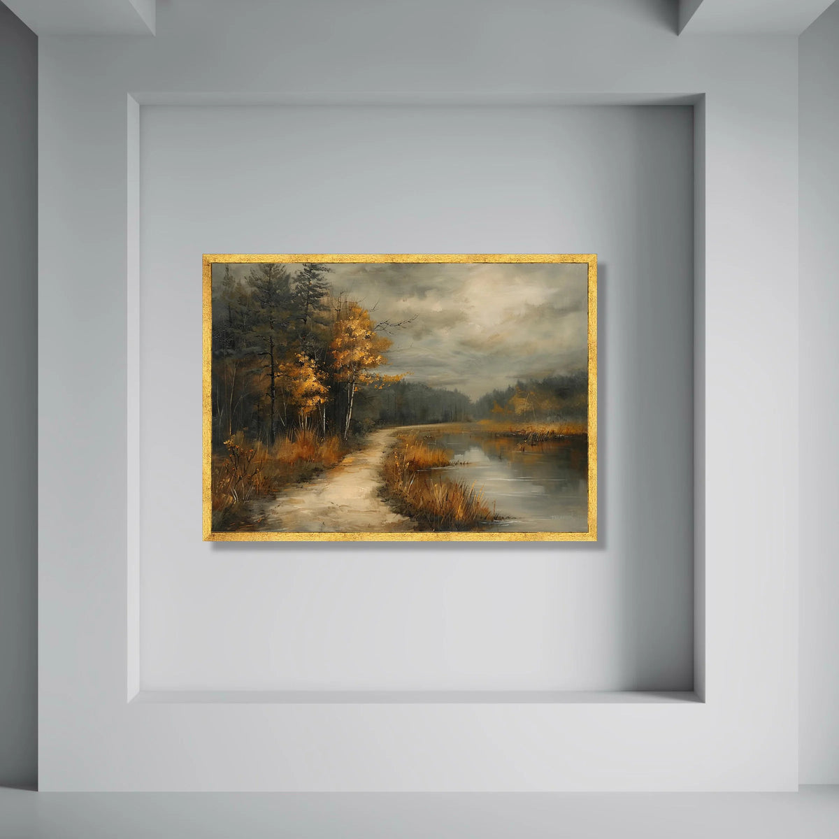 Autumn Forest Path Canvas, Lakeside Landscape Wall Art, Golden Tree Scene Canvas, Misty Nature View, Rustic Home Decor, Ready to Print Art