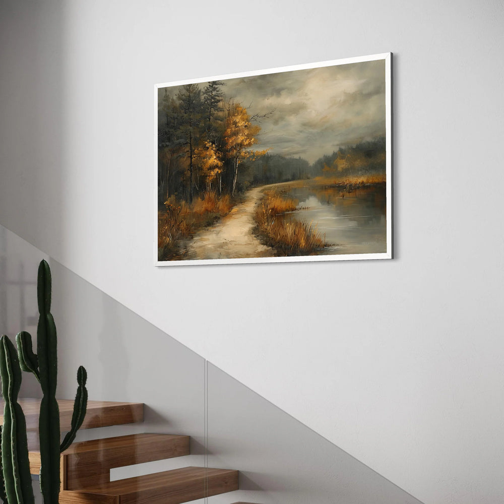 Autumn Forest Path Canvas, Lakeside Landscape Wall Art, Golden Tree Scene Canvas, Misty Nature View, Rustic Home Decor, Ready to Print Art