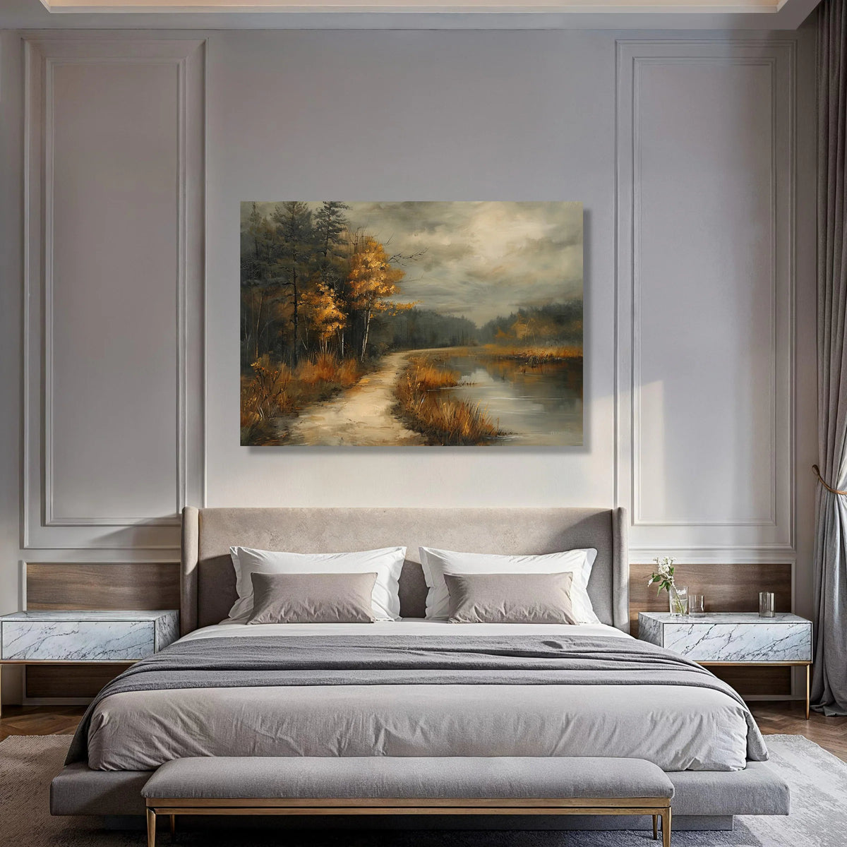 Autumn Forest Path Canvas, Lakeside Landscape Wall Art, Golden Tree Scene Canvas, Misty Nature View, Rustic Home Decor, Ready to Print Art