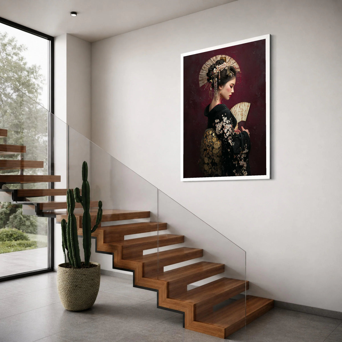 Elegant Geisha Traditional Kimono Canvas, Japanese Woman Portrait Wall Art, Asian Culture Decor, Floral Pattern Canvas, Ready to Print Art
