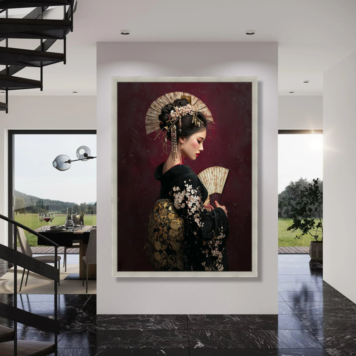 Elegant Geisha Traditional Kimono Canvas, Japanese Woman Portrait Wall Art, Asian Culture Decor, Floral Pattern Canvas, Ready to Print Art
