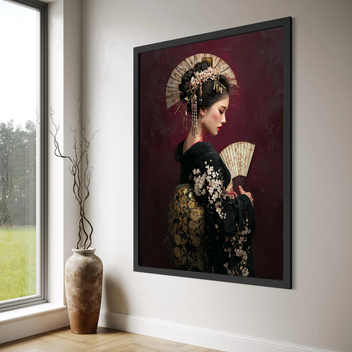 Elegant Geisha Traditional Kimono Canvas, Japanese Woman Portrait Wall Art, Asian Culture Decor, Floral Pattern Canvas, Ready to Print Art