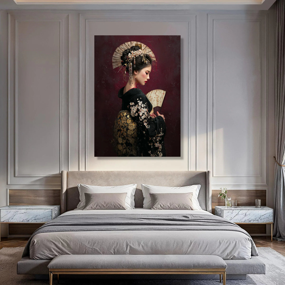 Elegant Geisha Traditional Kimono Canvas, Japanese Woman Portrait Wall Art, Asian Culture Decor, Floral Pattern Canvas, Ready to Print Art