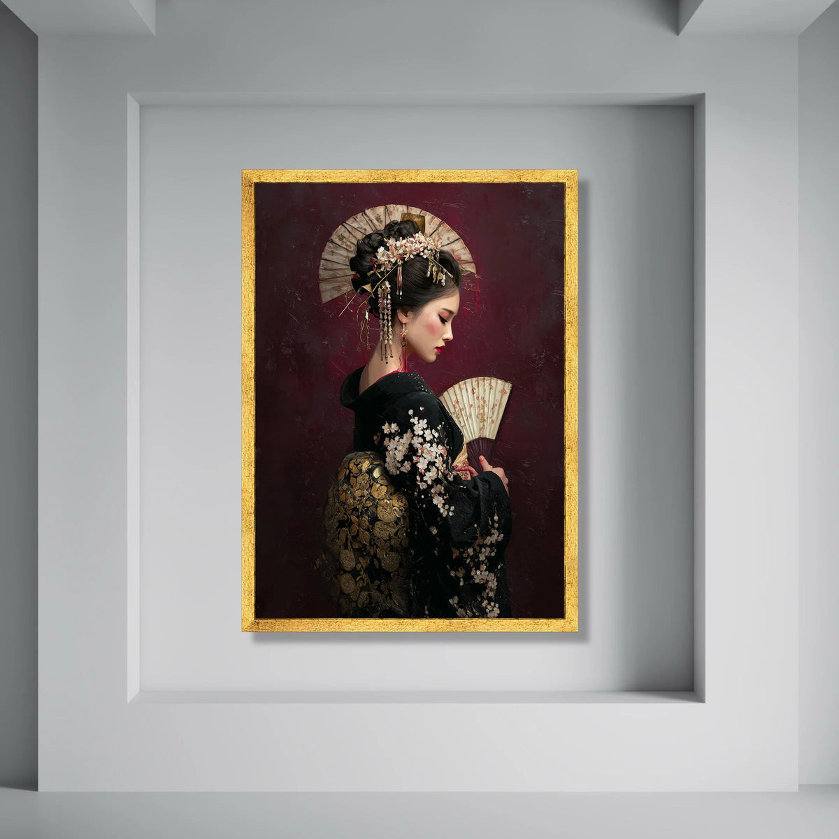 Elegant Geisha Traditional Kimono Canvas, Japanese Woman Portrait Wall Art, Asian Culture Decor, Floral Pattern Canvas, Ready to Print Art