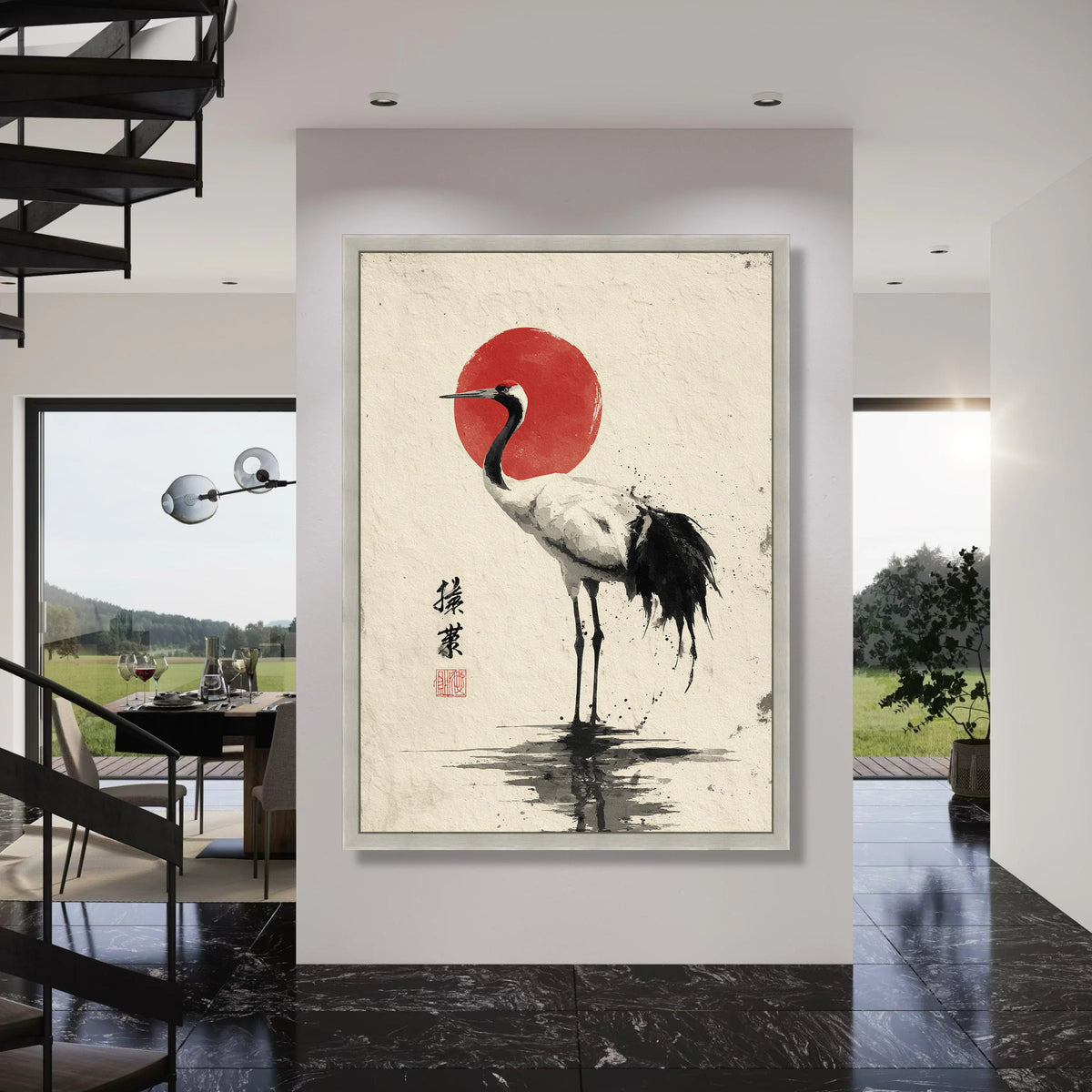 Elegant Crane with Red Sun Canvas, Japanese Style Bird Wall Art, Asian Nature Canvas, Minimalist Home Decoration Print Art