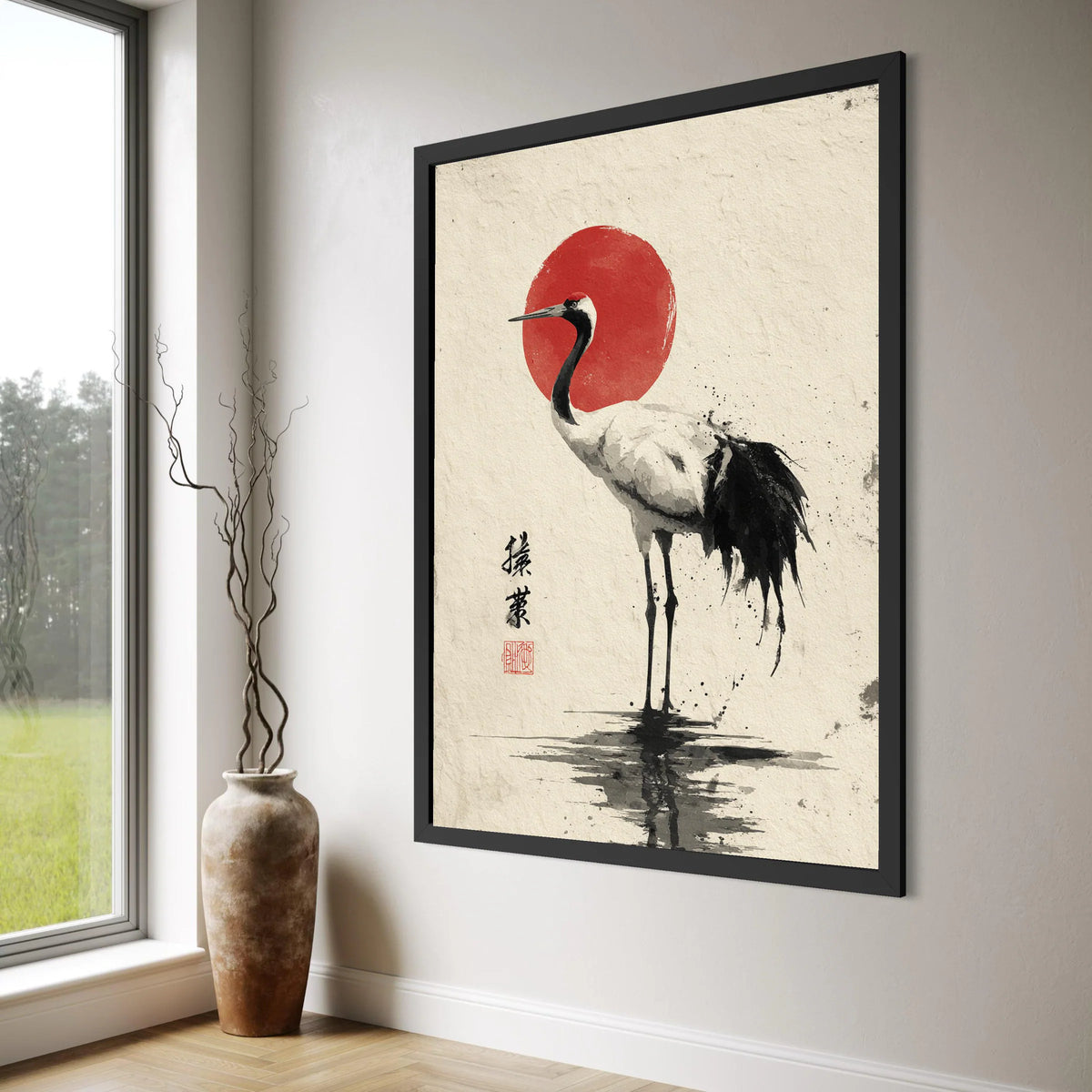 Elegant Crane with Red Sun Canvas, Japanese Style Bird Wall Art, Asian Nature Canvas, Minimalist Home Decoration Print Art