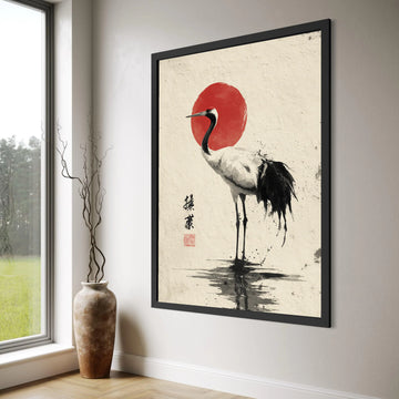 Elegant Crane with Red Sun Canvas, Japanese Style Bird Wall Art, Asian Nature Canvas, Minimalist Home Decoration Print Art