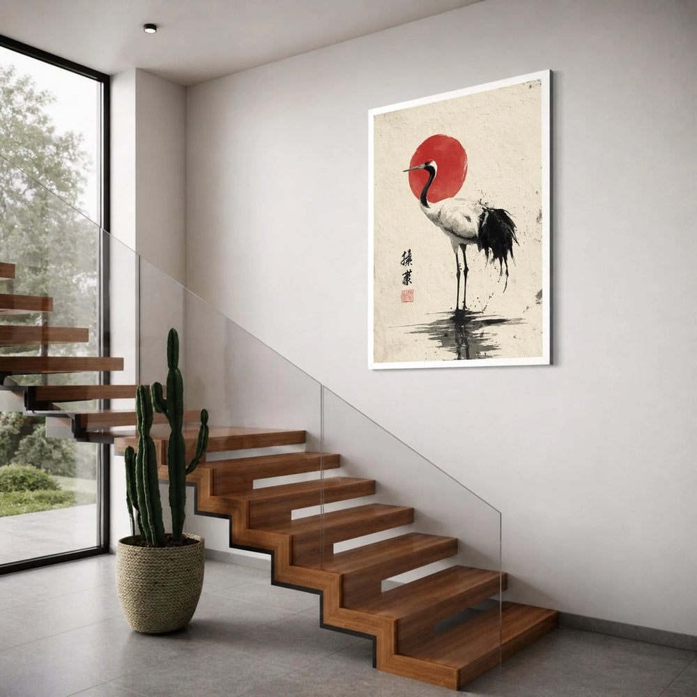 Elegant Crane with Red Sun Canvas, Japanese Style Bird Wall Art, Asian Nature Canvas, Minimalist Home Decoration Print Art