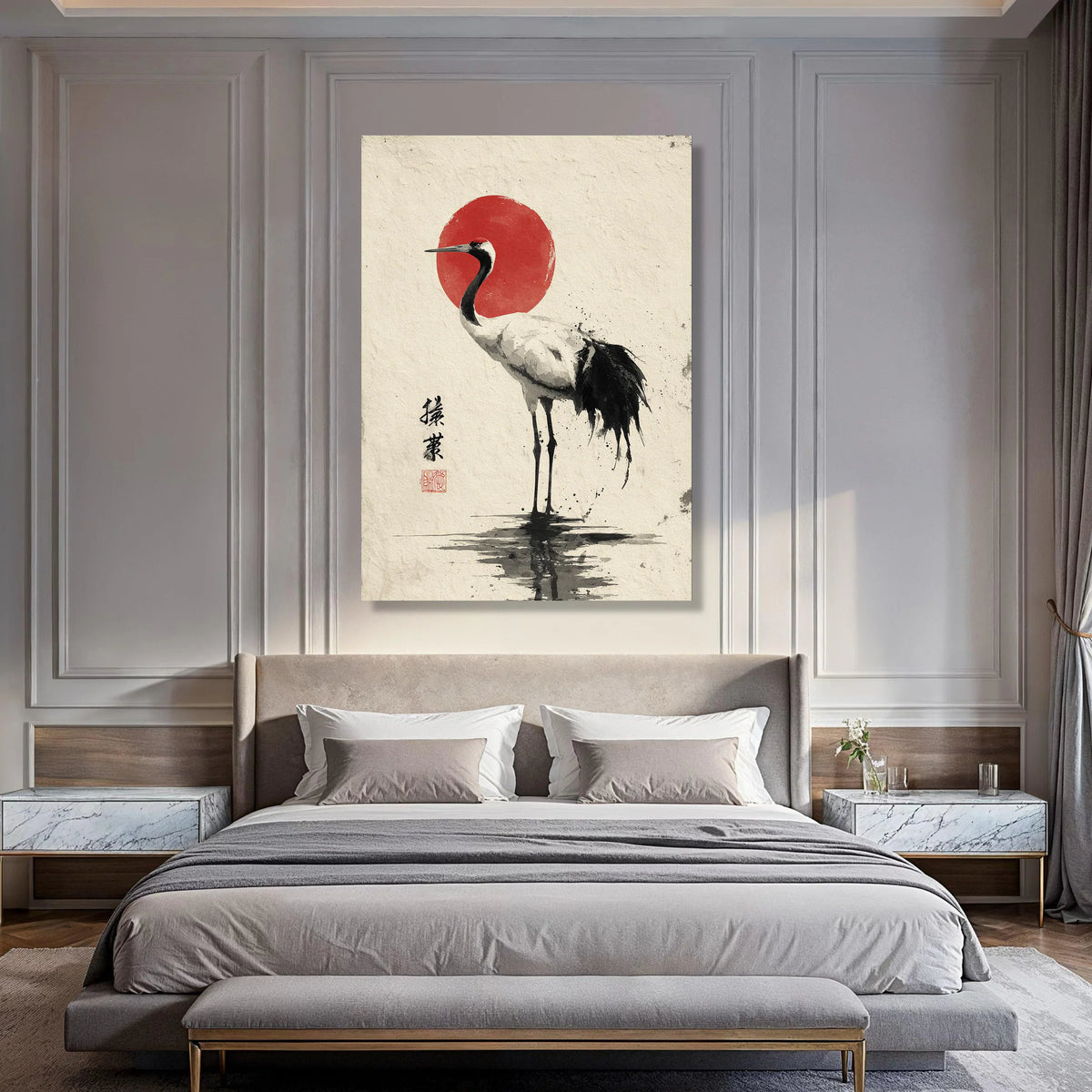 Elegant Crane with Red Sun Canvas, Japanese Style Bird Wall Art, Asian Nature Canvas, Minimalist Home Decoration Print Art