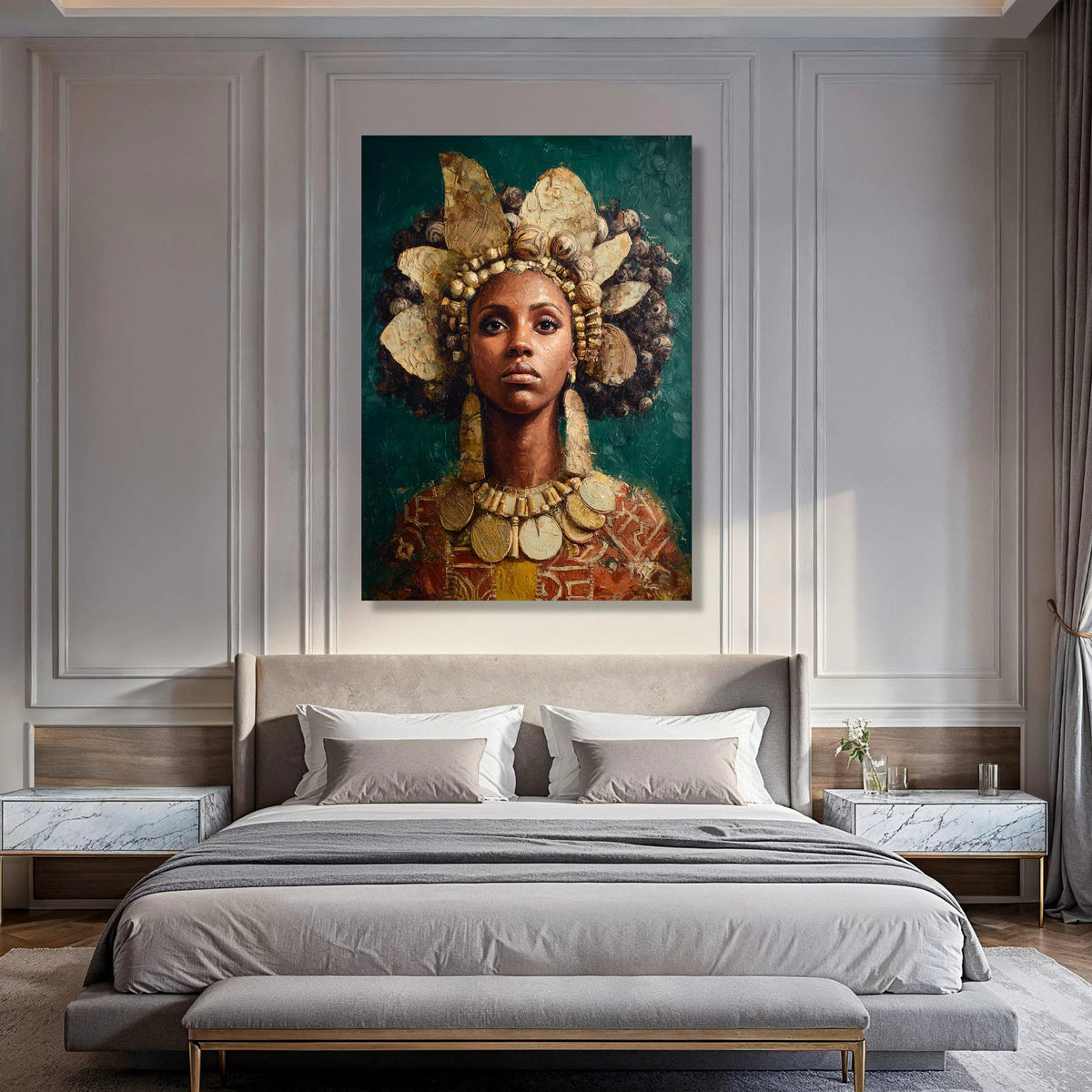 Regal African Queen Portrait Canvas, Ethnic Woman Wall Art, Cultural Canvas Decoration, Modern Tribal Home Art, Bold Statement Print Art