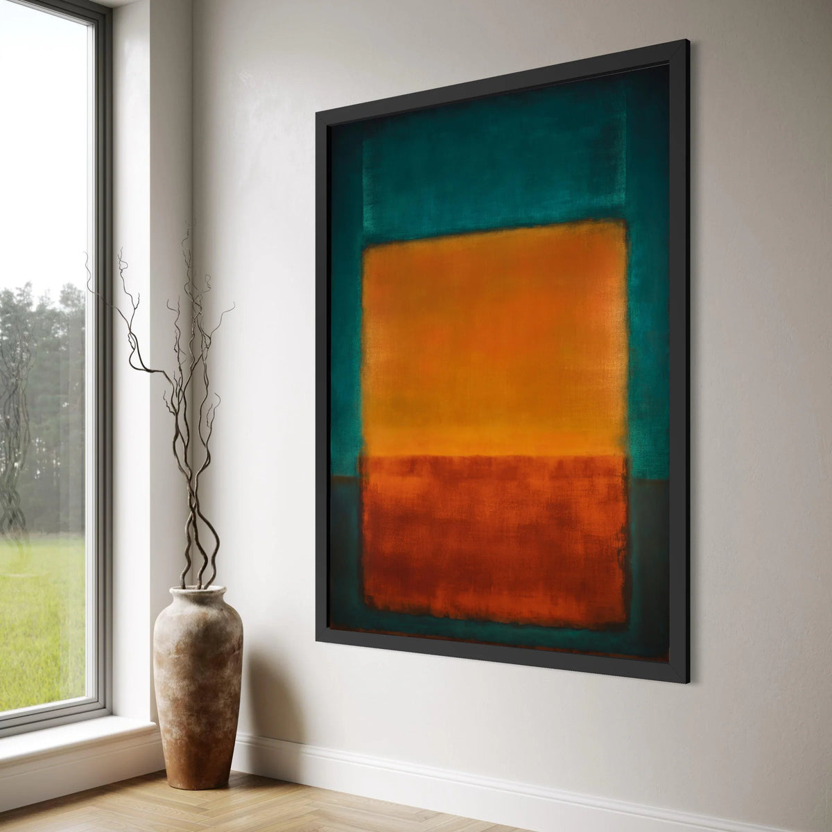 Vibrant Color Blocks Canvas Wall Art, Modern Abstract Composition, Warm Orange and Red, Teal Blue Background, Contemporary Canvas Print Art