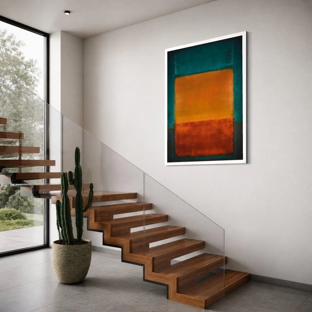 Vibrant Color Blocks Canvas Wall Art, Modern Abstract Composition, Warm Orange and Red, Teal Blue Background, Contemporary Canvas Print Art