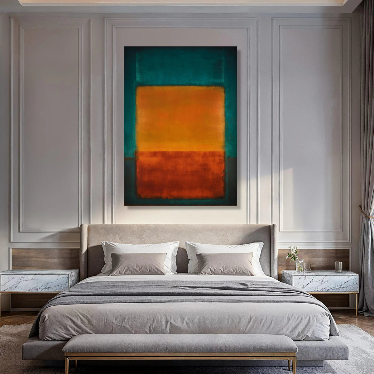 Vibrant Color Blocks Canvas Wall Art, Modern Abstract Composition, Warm Orange and Red, Teal Blue Background, Contemporary Canvas Print Art