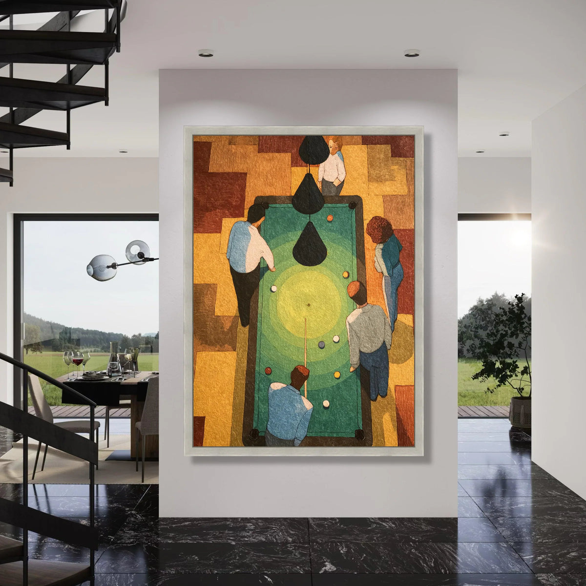 Vintage Pool Table Scene Canvas, Top View Billiards Art, Retro Sports Wall Decor, Game Room Canvas Decoration, Unique Hobby Print Art