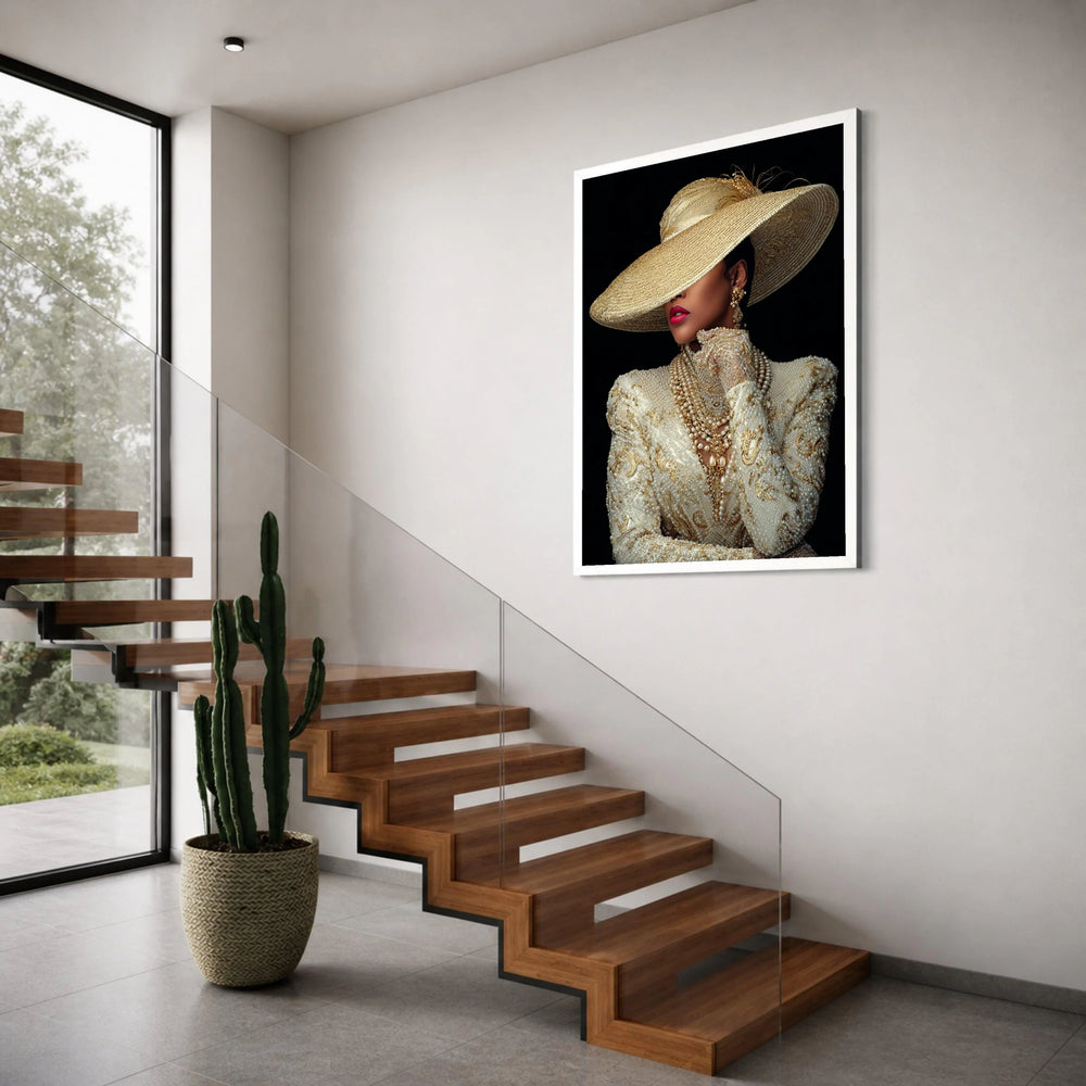 Elegant Lady Wide Brim Hat Canvas, Luxury Fashion Portrait, Glamorous Woman Wall Art, Vintage Style Canvas, Home Decor Accent Print Art
