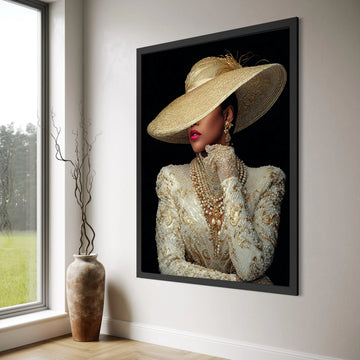 Elegant Lady Wide Brim Hat Canvas, Luxury Fashion Portrait, Glamorous Woman Wall Art, Vintage Style Canvas, Home Decor Accent Print Art