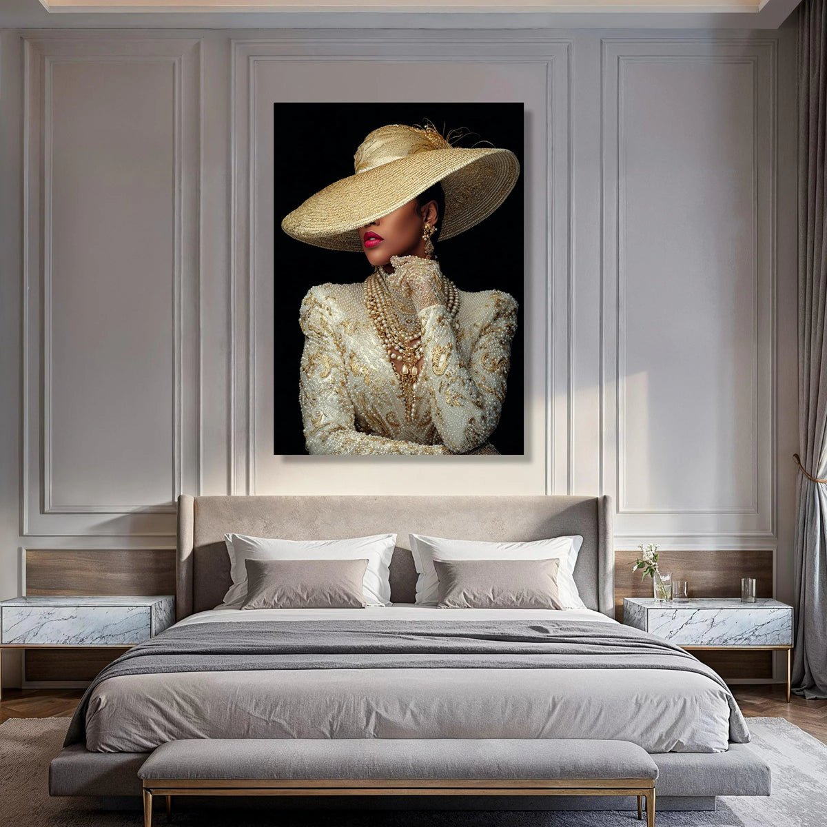 Elegant Lady Wide Brim Hat Canvas, Luxury Fashion Portrait, Glamorous Woman Wall Art, Vintage Style Canvas, Home Decor Accent Print Art