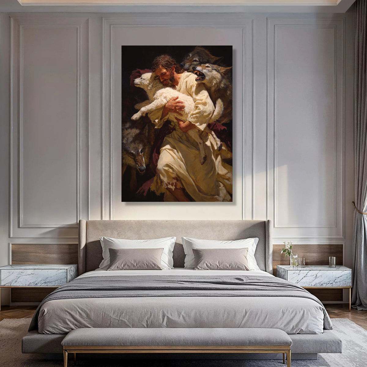Protective Shepherd with Lamb and Wolves Canvas, Spiritual Wall Art, Biblical Scene Canvas, Inspirational Home Decoration Print Art