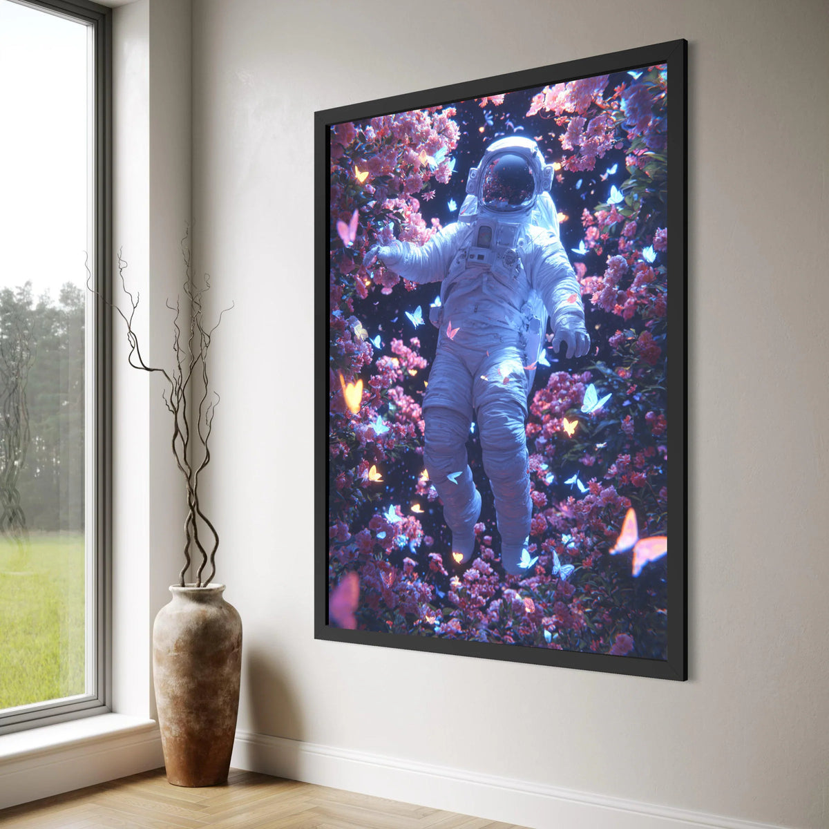 Cosmic Dreamscape Astronaut Canvas, Floating Space Artwork, Butterfly and Floral Wall Decor, Surreal Galaxy Canvas, Modern Home Print Art