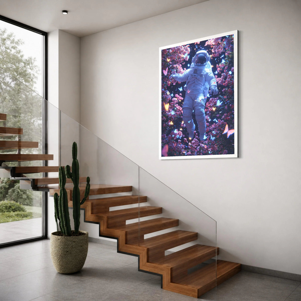Cosmic Dreamscape Astronaut Canvas, Floating Space Artwork, Butterfly and Floral Wall Decor, Surreal Galaxy Canvas, Modern Home Print Art