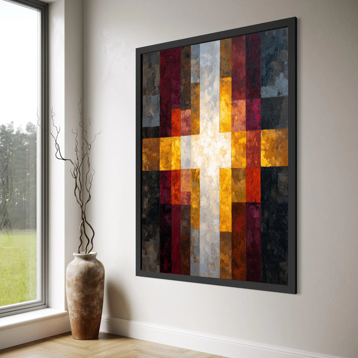 Modern Abstract Cross Canvas Wall Art, Geometric Religious Design, Warm Tones Home Decor, Contemporary Christian Canvas, Ready to Print Art