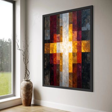 Modern Abstract Cross Canvas Wall Art, Geometric Religious Design, Warm Tones Home Decor, Contemporary Christian Canvas, Ready to Print Art