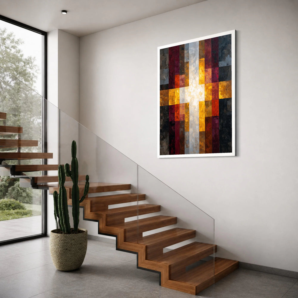 Modern Abstract Cross Canvas Wall Art, Geometric Religious Design, Warm Tones Home Decor, Contemporary Christian Canvas, Ready to Print Art