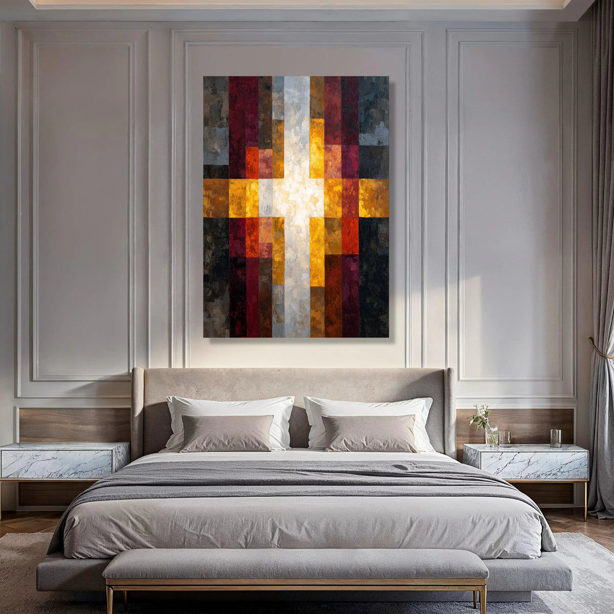 Modern Abstract Cross Canvas Wall Art, Geometric Religious Design, Warm Tones Home Decor, Contemporary Christian Canvas, Ready to Print Art