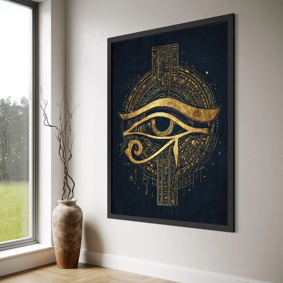 Golden Eye of Horus Canvas, Ancient Egyptian Wall Art, Mystical Symbol Canvas, Spiritual Home Decoration, Gold and Black Artwork Print Art