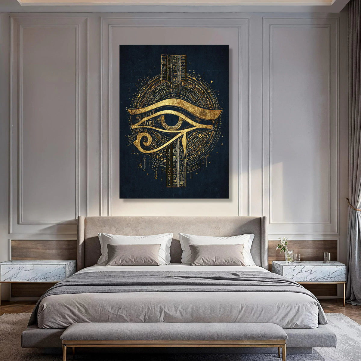 Golden Eye of Horus Canvas, Ancient Egyptian Wall Art, Mystical Symbol Canvas, Spiritual Home Decoration, Gold and Black Artwork Print Art