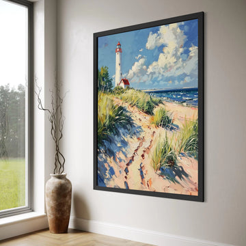 Coastal Lighthouse Canvas Wall Art, Beach Pathway Painting, Ocean Landscape Canvas, Seaside Wall Decor, Nautical Home Decoration Print Art