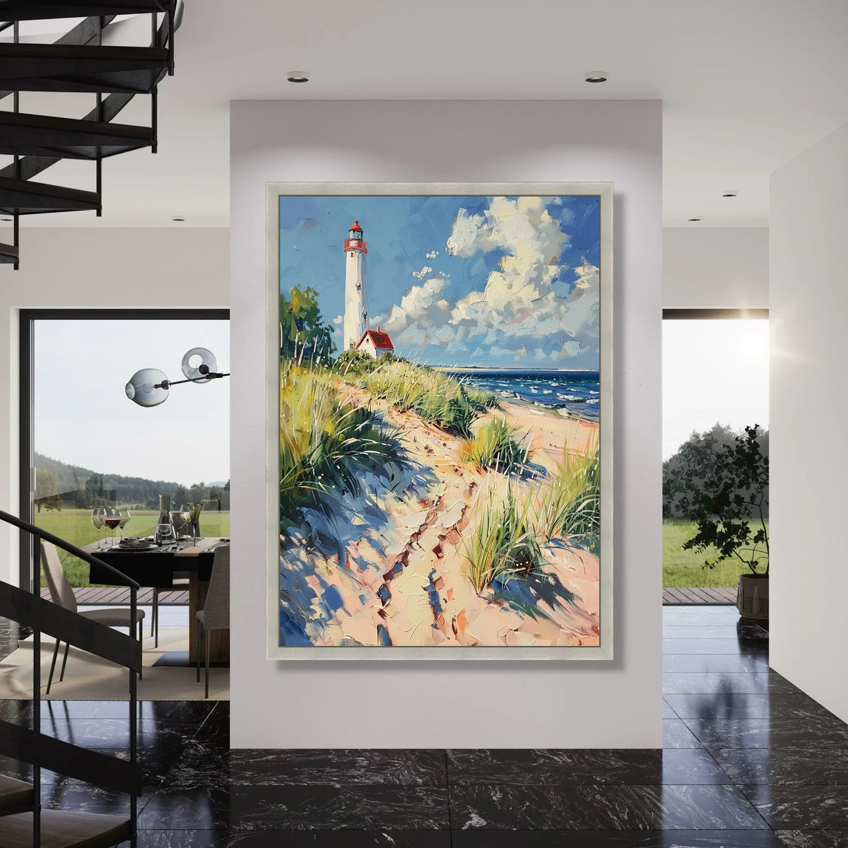 Coastal Lighthouse Canvas Wall Art, Beach Pathway Painting, Ocean Landscape Canvas, Seaside Wall Decor, Nautical Home Decoration Print Art