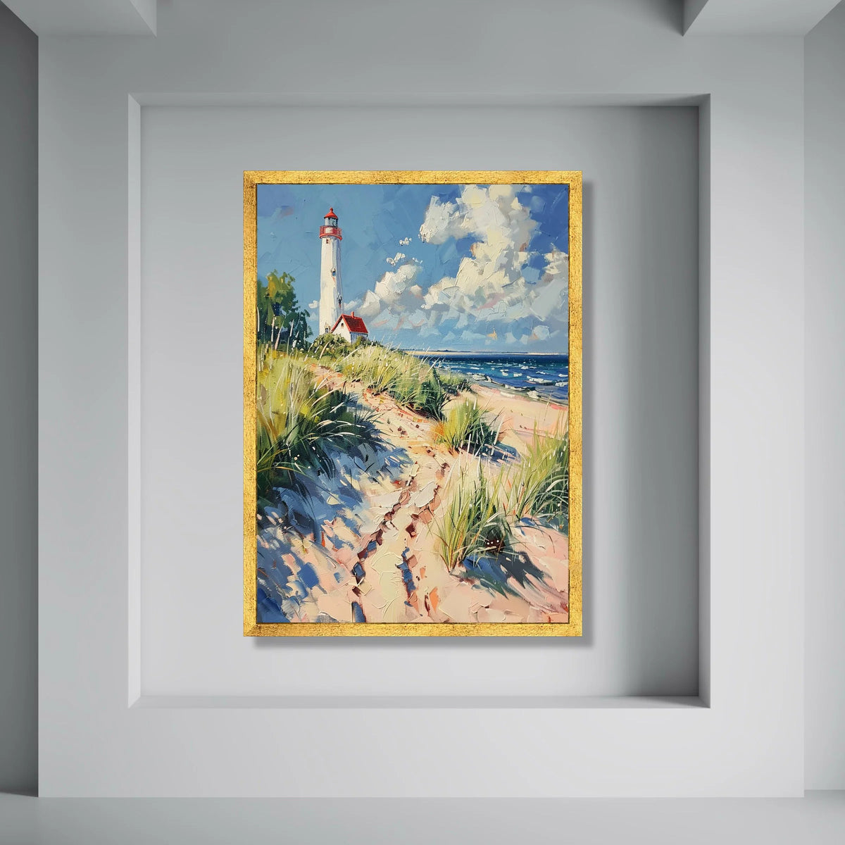 Coastal Lighthouse Canvas Wall Art, Beach Pathway Painting, Ocean Landscape Canvas, Seaside Wall Decor, Nautical Home Decoration Print Art