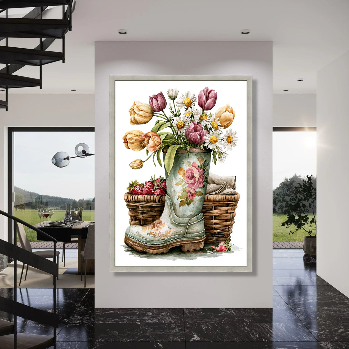 Rustic Garden Bouquet Canvas Wall Art, Floral Tulips and Daisies, Spring Flower Decor, Vintage Boot Planter Canvas, Country Home Print Art