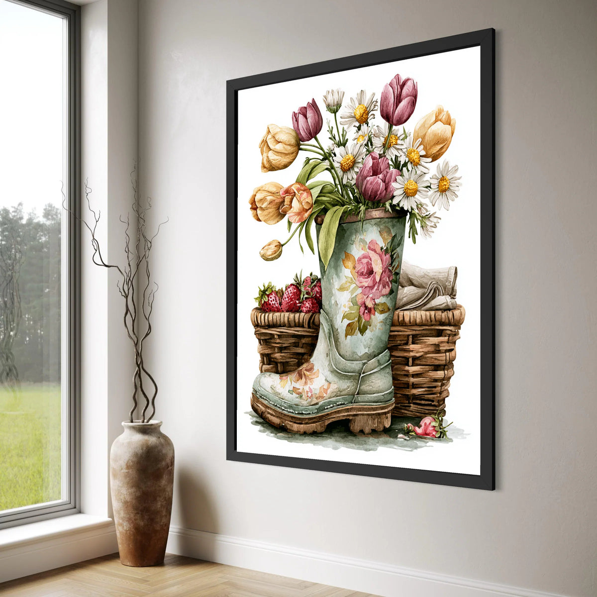 Rustic Garden Bouquet Canvas Wall Art, Floral Tulips and Daisies, Spring Flower Decor, Vintage Boot Planter Canvas, Country Home Print Art