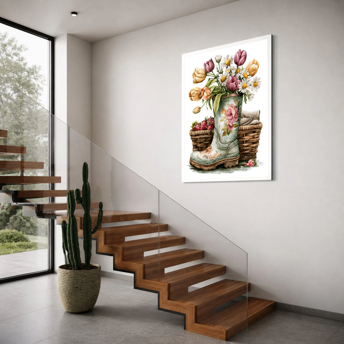 Rustic Garden Bouquet Canvas Wall Art, Floral Tulips and Daisies, Spring Flower Decor, Vintage Boot Planter Canvas, Country Home Print Art