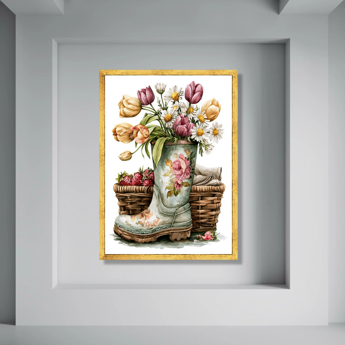 Rustic Garden Bouquet Canvas Wall Art, Floral Tulips and Daisies, Spring Flower Decor, Vintage Boot Planter Canvas, Country Home Print Art
