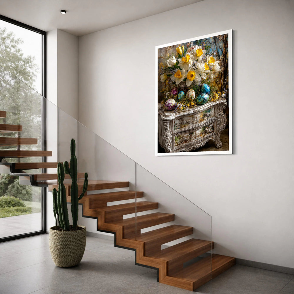 Spring Daffodils Bouquet with Painted Easter Eggs Canvas, Vintage Floral Still Life Wall Art, Seasonal Home Decoration Print Art